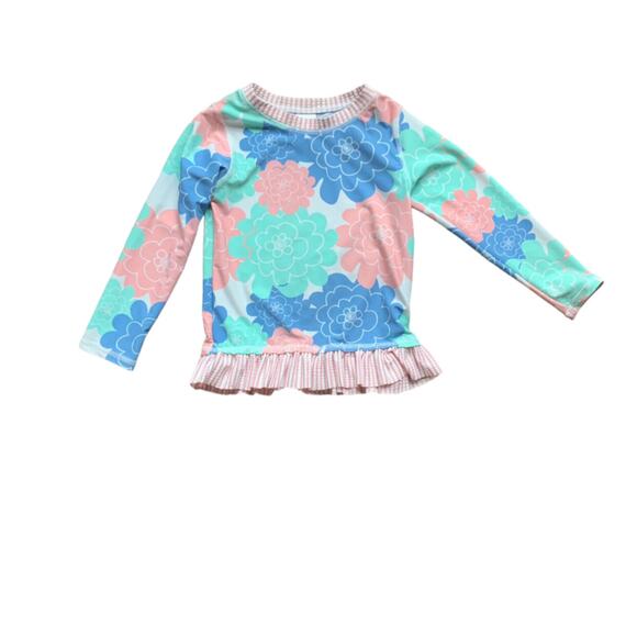 RuffleButts 🌸 Flower + Seersucker Ruffle Trim Rashguard - Picture 1 of 4